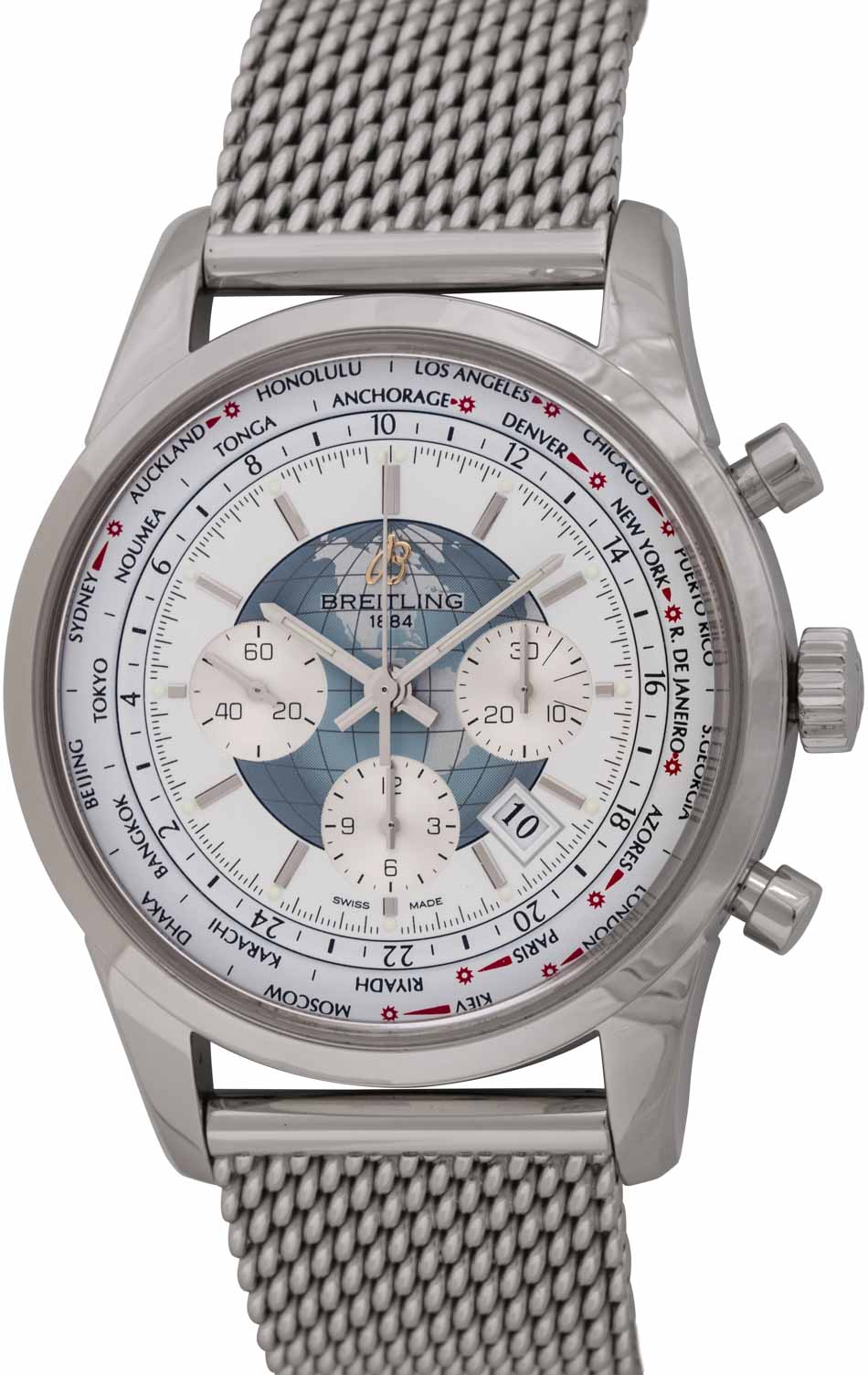 Men's Transocean Chronograph Stainless Steel Mesh White Dial Watch