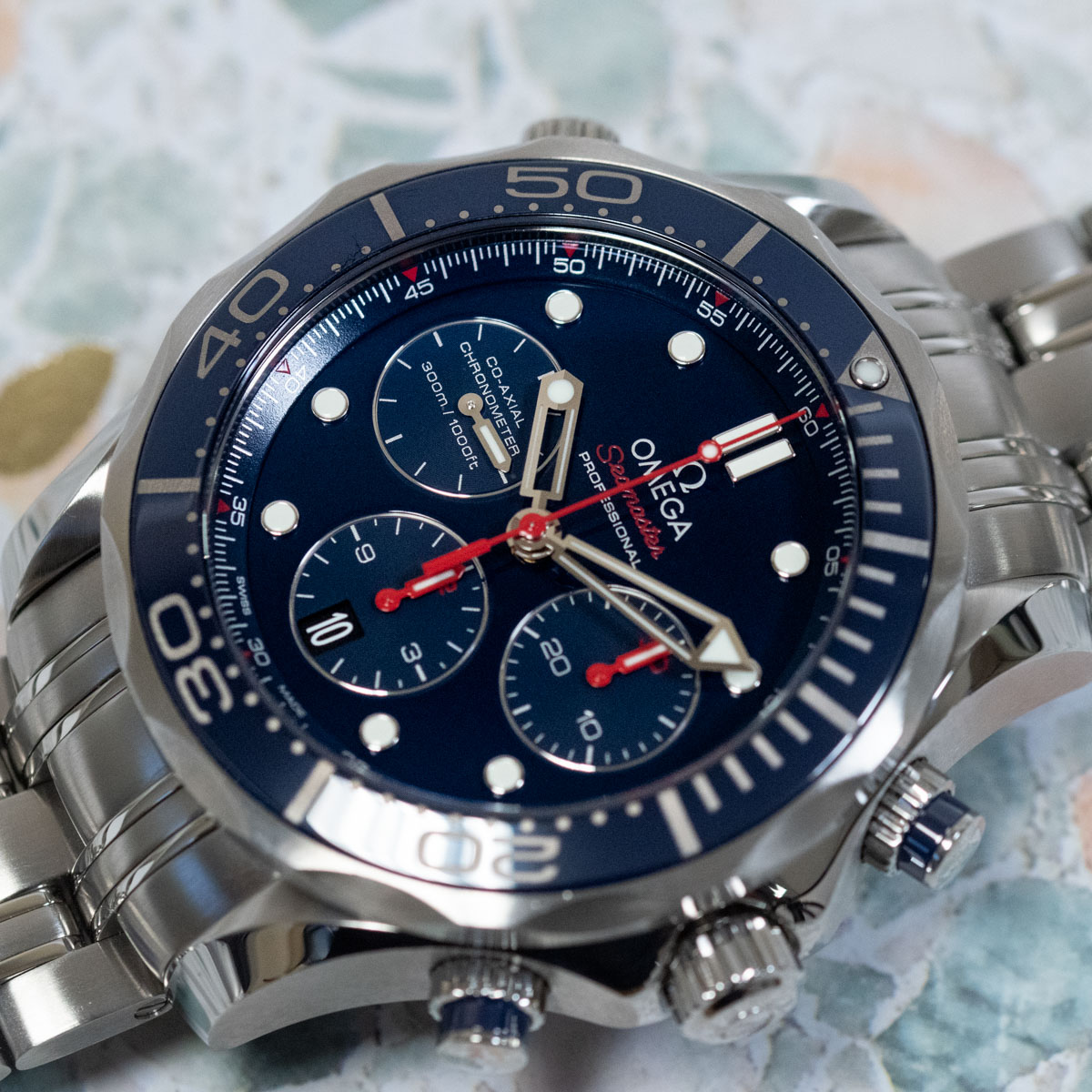 Omega Seamaster Diver 300M Co‑Axial Master Chronometer Chronograph 44 blå