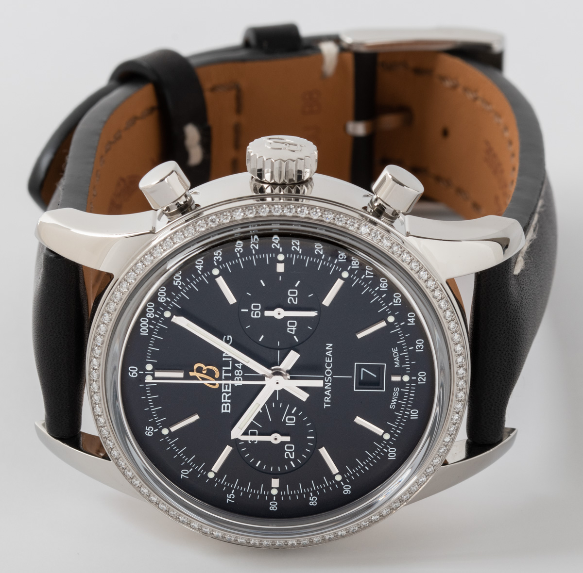 Breitling Transocean Chronograph 38 Black Dial Leather Boxes Steel