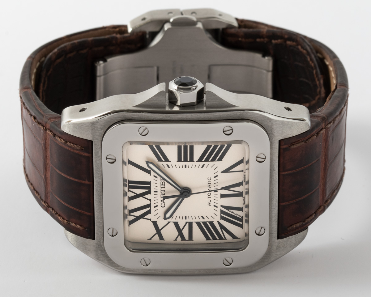 Cartier - Santos 100 : W20076X8 : SOLD OUT : silver dial on brown ...